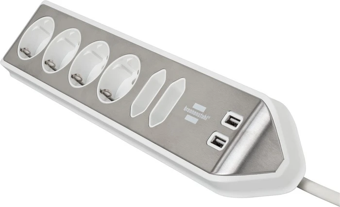 Brennenstuhl estilo Ecksteckdosenleiste, Tischsteckdose, 6-fach, 2x USB-A, 2m, silber/weiß