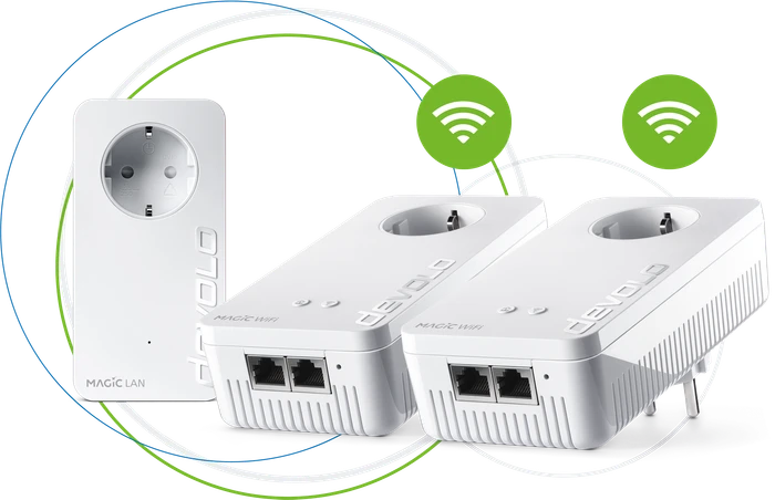 devolo Magic 2 WiFi 6 Multiroom Kit, 2x Powerline/WLAN-Access Point und Powerline-Adapter Set, 3er-Bundle