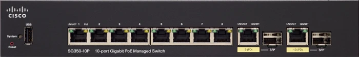 Cisco SG350 Desktop Gigabit Managed Switch, 8x RJ-45, 2x RJ-45/SFP, 62W UPoE