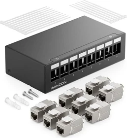 deleyCON Patchpanel Gehäuse für Keystone Module, 1HE, inkl. RJ-45 Cat7 Module, 8-Port, 1HE