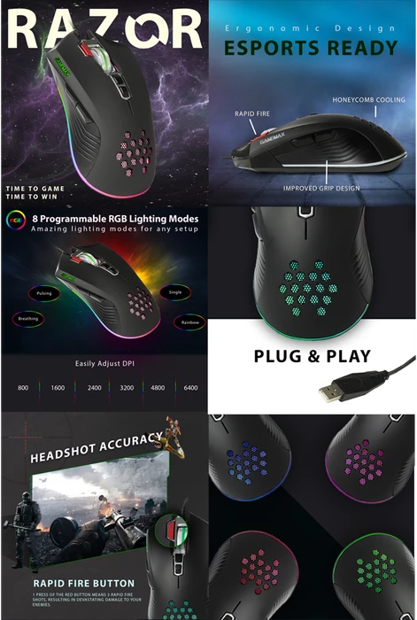 GameMax Razor RGB Gaming Mouse schwarz, USB