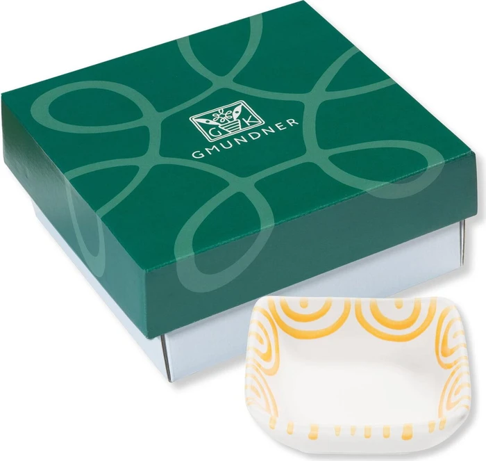 Gmundner Keramik Gelbgeflammt Schälchen quadratisch im Geschenkkarton 9x9cm