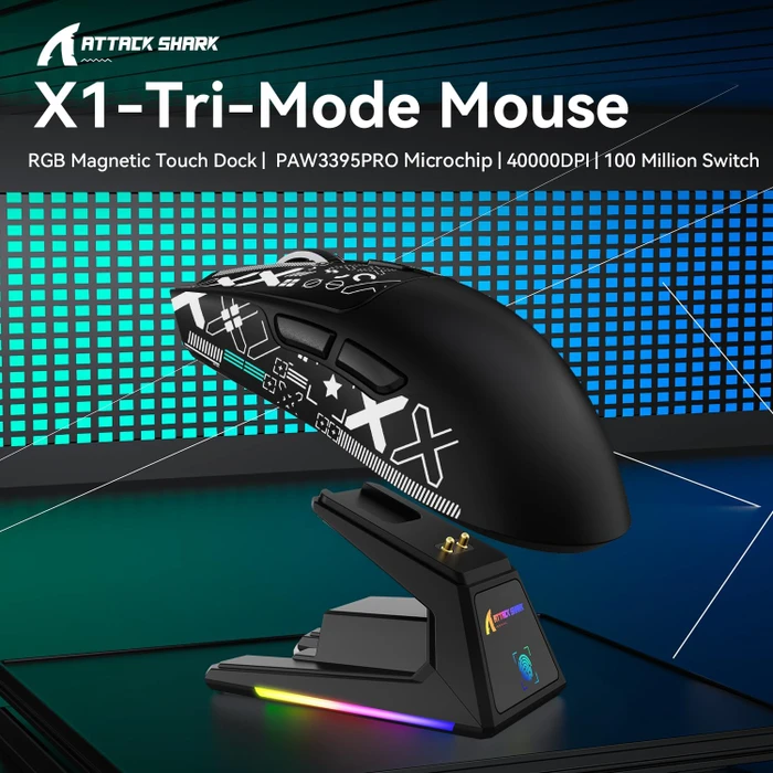 Attack Shark X1 Tri-mode Wireless Gaming Mouse mit Ladestation, schwarz, inkl. Grip Tape, USB/Bluetooth