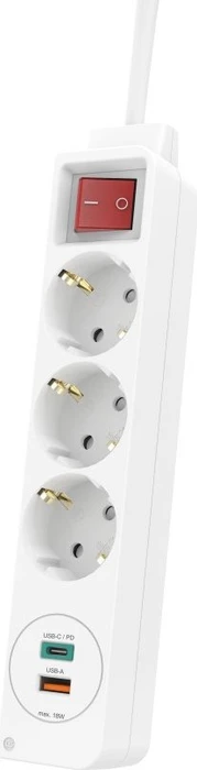 Hama Steckdosenleiste mit Schalter und Winkel-Flachstecker, 3-fach, 1x USB-A/1x USB-C 18W USB-PD, 1.4m, weiß