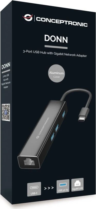 Conceptronic 3-Port USB-Hub mit Netzwerkadapter, USB-C 3.0 [Stecker]