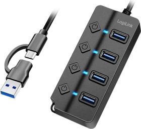 LogiLink USB 3.2 Gen1 Hub mit Ein-/Aus-Schalter, 4x USB-A 3.0, USB-C/USB-A 3.0 [Stecker] (UA0419)