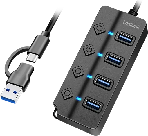 LogiLink USB 3.2 Gen1 Hub mit Ein-/Aus-Schalter, 4x USB-A 3.0, USB-C/USB-A 3.0 [Stecker]