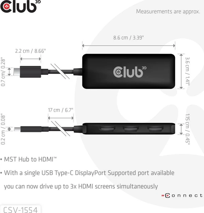Club 3D Multi Stream Transport MST Hub, USB-C mit DisplayPort 2.1 auf 3x HDMI Adapter