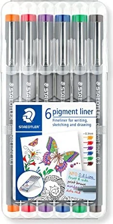 Staedtler Pigmentliner 308 0.3mm ohne gelb sortiert, 6er-Set, Kunststoffetui