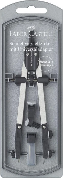 Faber-Castell Schnellverstellzirkel mit Gelenken, 3.5mm-Zapfen, Universaladapter, silber, Klarsichtetui