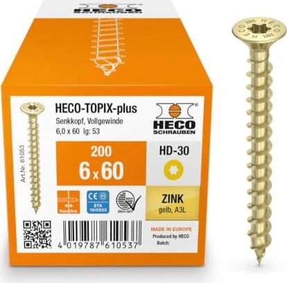 HECO TOPIX-plus verzinkt gelb A3L Torx T30 Holzschraube, 6x60mm, 200 Stück