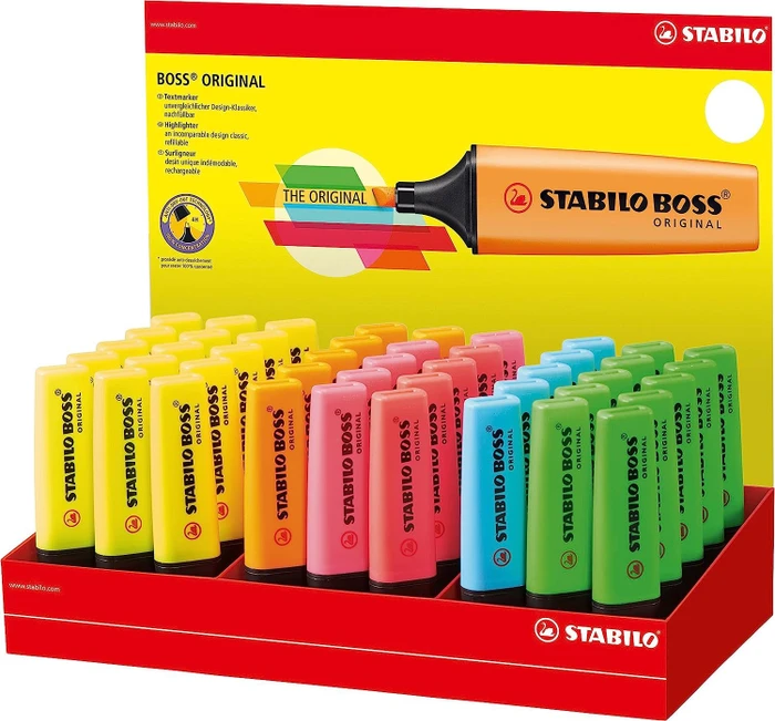 gelb/orange/pink/rot/blau/grün, 45er-Set, Display