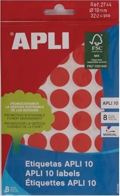 APLI Etiketten rund, 19mm, rot, 8 Blatt (320 Etiketten)