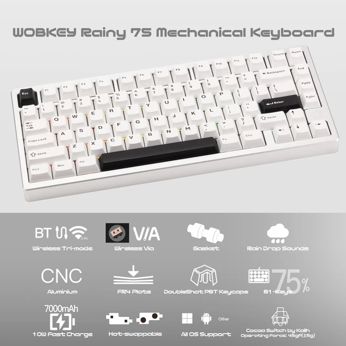 Wobkey Rainy 75 Pro, weiß/silber, LEDs RGB, Kailh Cocoa, USB/Bluetooth, US