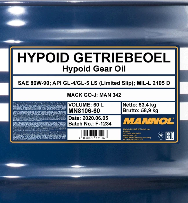 Mannol Hypoid Getriebeöl 80W-90 60l