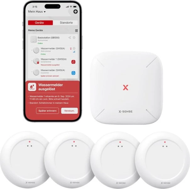 X-Sense SWS0A41 Wasserleckmelder, inkl. Basiststation, Wassermelder, 4er-Pack