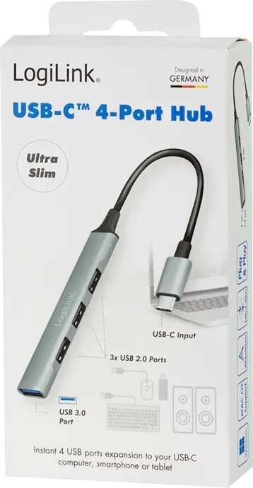 LogiLink 4-Port Slim-Hub, 1x USB-A 3.0/3x USB-A 2.0, USB-C 3.0 [Stecker]
