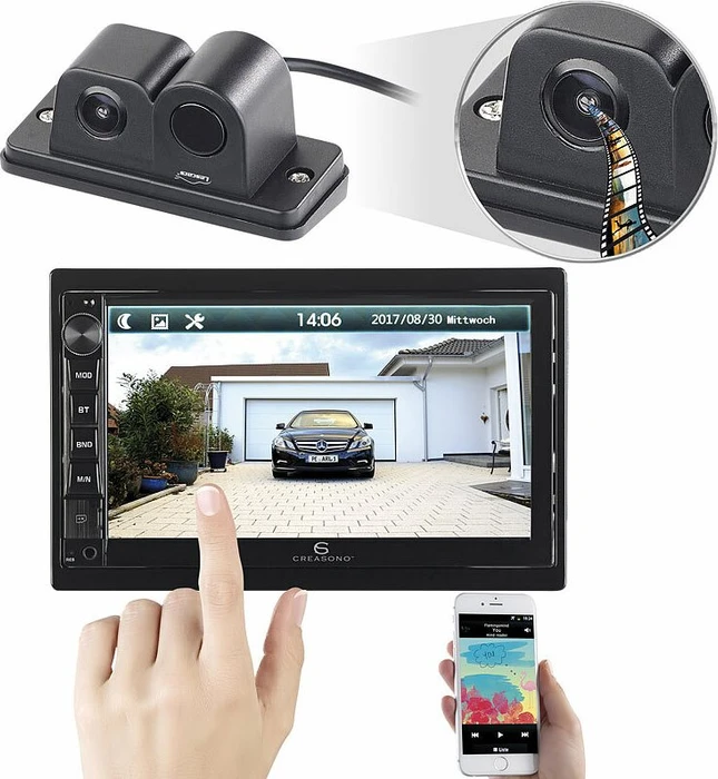 Creasono 2-DIN-MP3-Autoradio mit Touchdisplay und Farb-Rückfahrkamera