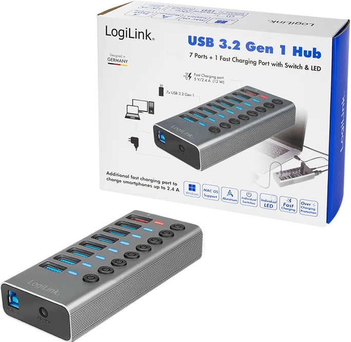 LogiLink USB-Hub mit Ladeanschluss, 7x USB-A 3.0, USB-B 3.0 [Buchse]