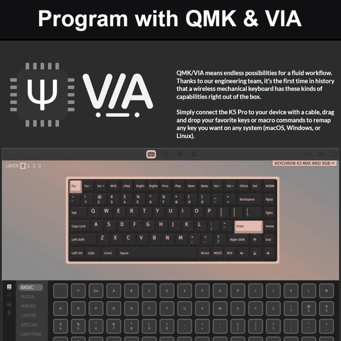 Keychron K3 Max, grau, LEDs RGB, Gateron LOW PROFILE 2.0 RED, USB/Bluetooth, US
