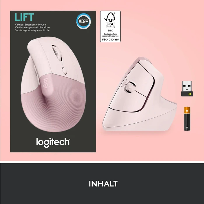 Logitech Lift Vertical Ergonomic Mouse, Rose, Logi Bolt, USB/Bluetooth