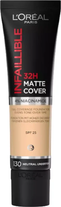 L'Oréal Infaillible 32H Matte Cover Foundation 130 neutral undertone LSF25, 30ml