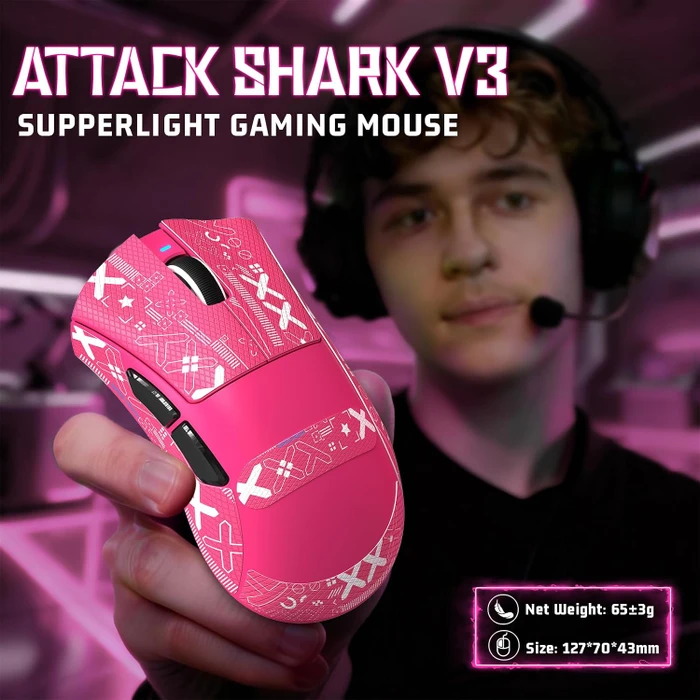 Attack Shark V3 Tri-mode Wireless Gaming Mouse, BerryRed, inkl. Grip Tape, USB/Bluetooth