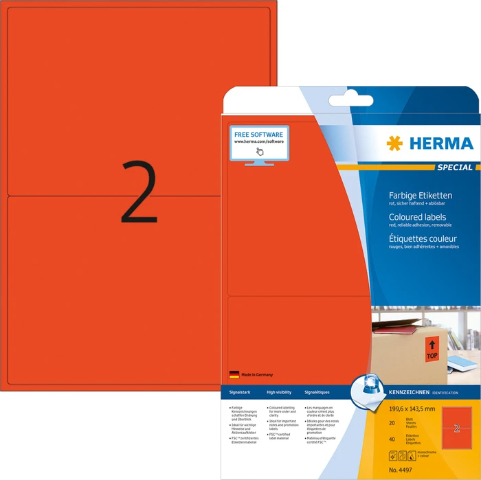 Herma Etiketten, 199.6x143.5mm, ablösbar, rot, 20 Blatt (40 Etiketten)