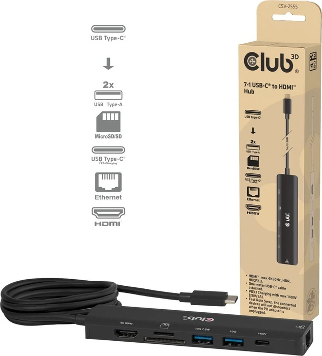 Club 3D 7-in-1 USB Typ-C Hub 140W, USB-C 3.1 [Stecker]