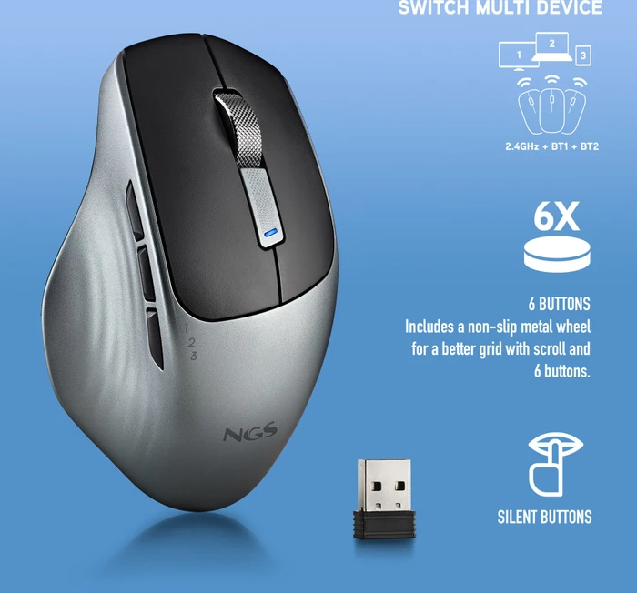 NGS Lush-RB Wireless Rechargeable Multi-Device Mouse schwarz/grau, USB/Bluetooth