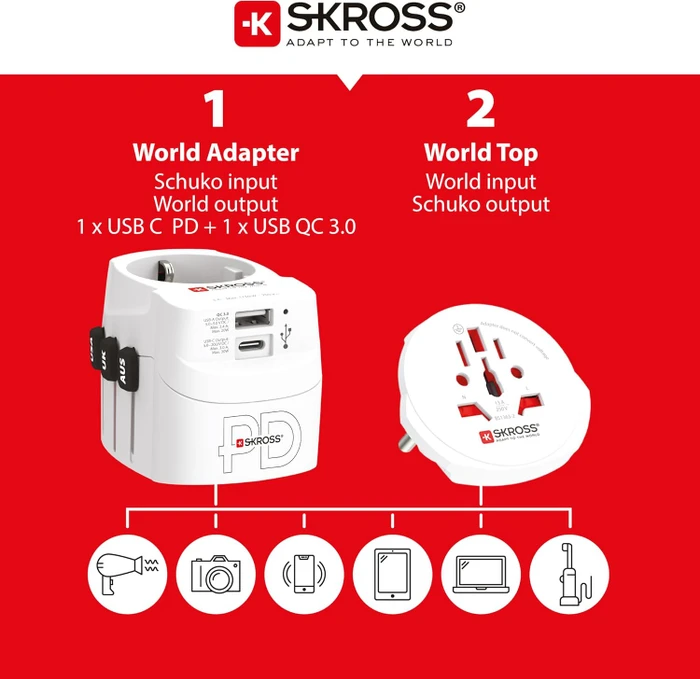Skross World Travel Adapter PRO Light USB AC30PD - World, 1x USB-A, 1x USB-C