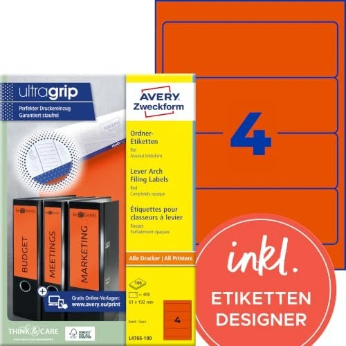 Avery-Zweckform Ordneretiketten, 192x61mm, rot, 100 Blatt (400 Etiketten)