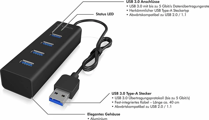RaidSonic Icy Box IB-HUB1409-U3 USB-Hub, 4x USB-A 3.0, USB-A 3.0 [Stecker]