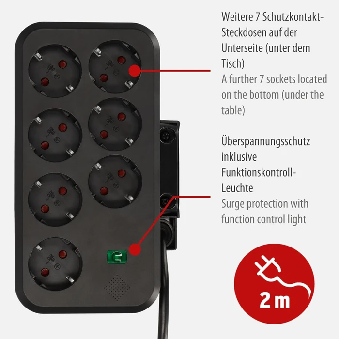 Brennenstuhl estilo Duplex Tischsteckdosenleiste mit Schalter und Überspannungsschutz, 9-fach, 1x USB-A/1x USB-C, 2m, silber/schwarz
