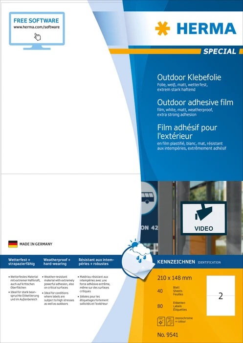 Herma Etiketten Outdoor, 210x148mm, wetterfest, weiß, matt, 40 Blatt (80 Etiketten)