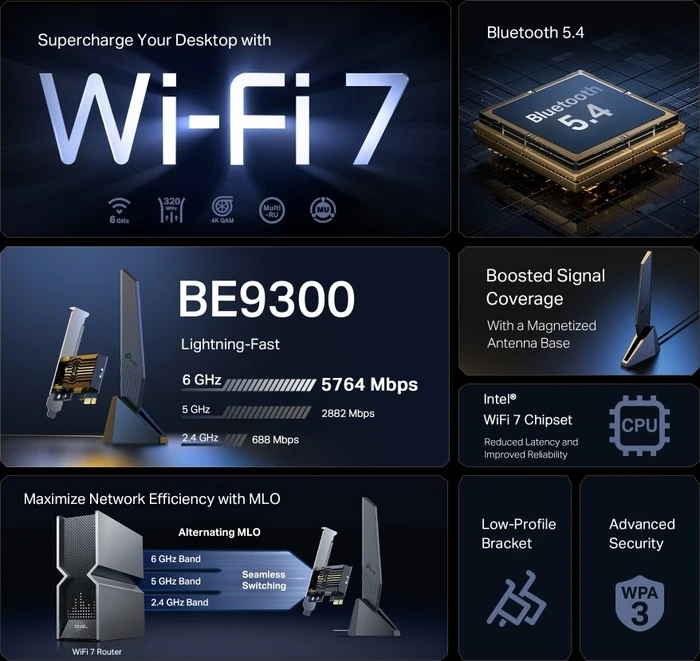 TP-Link Archer TBE553E, BE9300, 2.4GHz/5GHz/6GHz WLAN, Wi-Fi 7, Bluetooth 5.4, PCIe x1