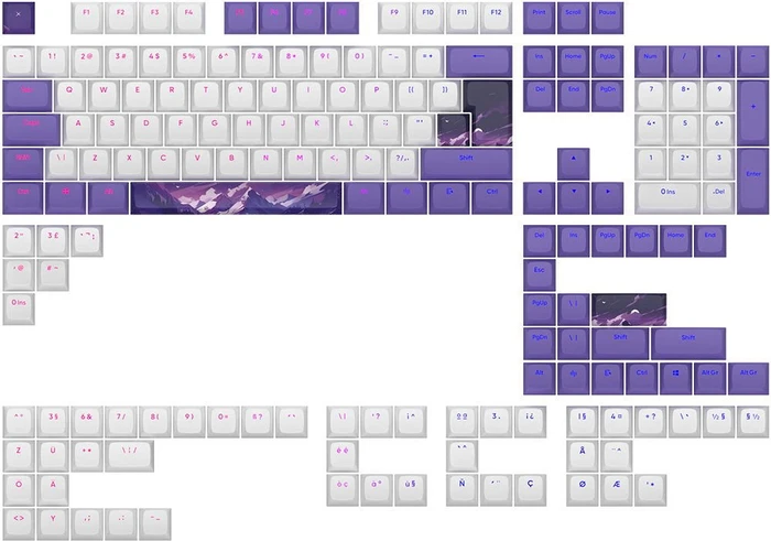 Dark Project Violet Horizons Multilingual Keycaps, Kunststoff (PBT) Double-Shot, CSA-Profil, weiß/violett, 177 Tasten, ANSI & ISO