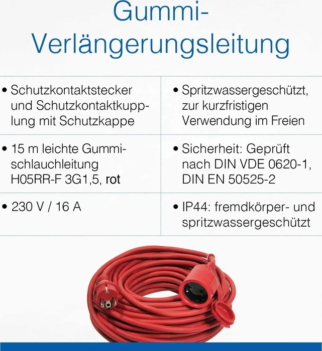 as-Schwabe leichtes Gummi Verlängerungskabel IP44 rot, H05RR-F 3G1.5, 15m