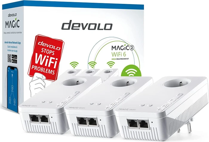 devolo Magic 2 WiFi 6 Multiroom Kit, FR-Region/Typ E, 2x Powerline/WLAN-Access Point und Powerline-Adapter Set, 3er-Bundle