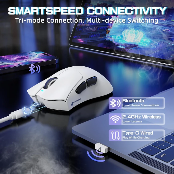 Attack Shark V3 PRO Tri-mode Wireless Gaming Mouse mit Ladestation, weiß, USB/Bluetooth