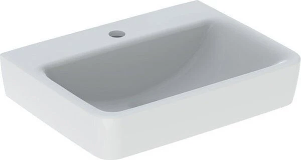Geberit Renova Plan Handwaschbecken mit asymmetrischem Überlauf 50cm, Hahnloch mittig, ohne Überlauf, weiß/KeraTect