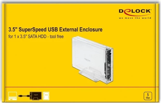 DeLOCK External Enclosure, transparent, 3.5", USB-C 3.0