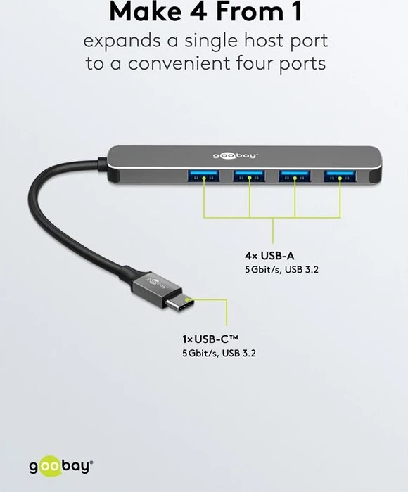 Wentronic goobay Slim 4-Port USB-Hub, 4x USB-A 3.0, USB-C 3.0 [Stecker]