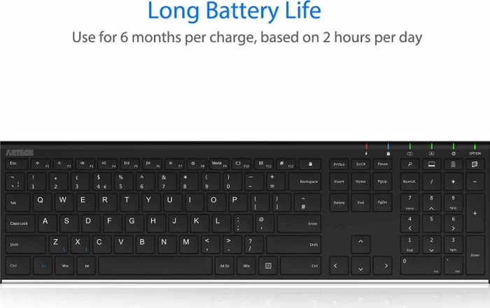 Arteck 2.4G Wireless Keyboard Stainless Steel Ultra Slim Full Size, EN