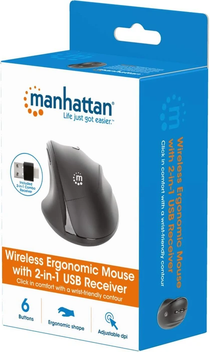 Manhattan Wireless Ergonomic Mouse with 2-in-1 USB Receiver, schwarz, USB