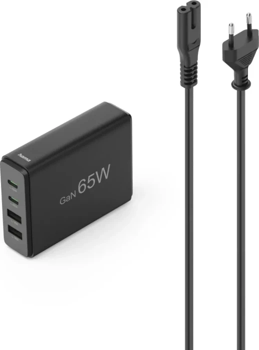 Hama USB-Ladestation 4 Ports GaN Schnellladegerät 2x USB-C 2x USB-A PD 65W schwarz