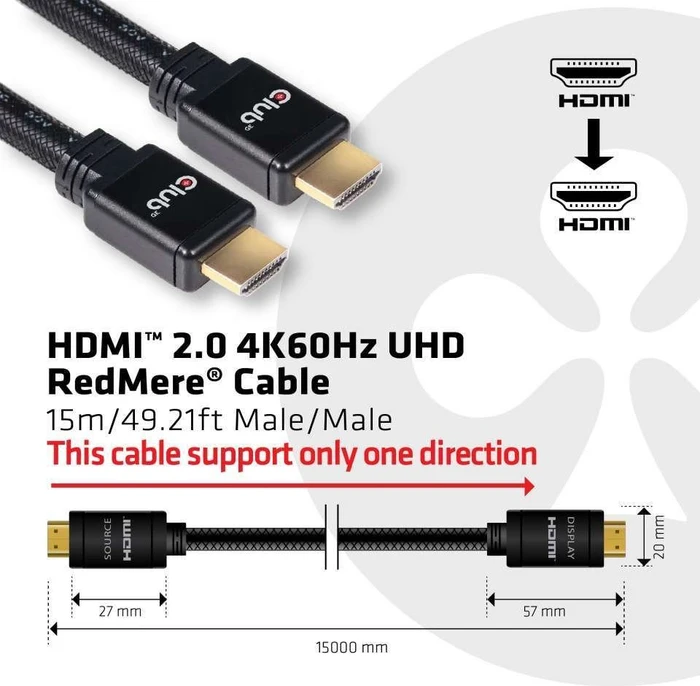 Club 3D High Speed mit Ethernet HDMI 2.0 Kabel 4K60Hz, UHD, RedMere, 15m