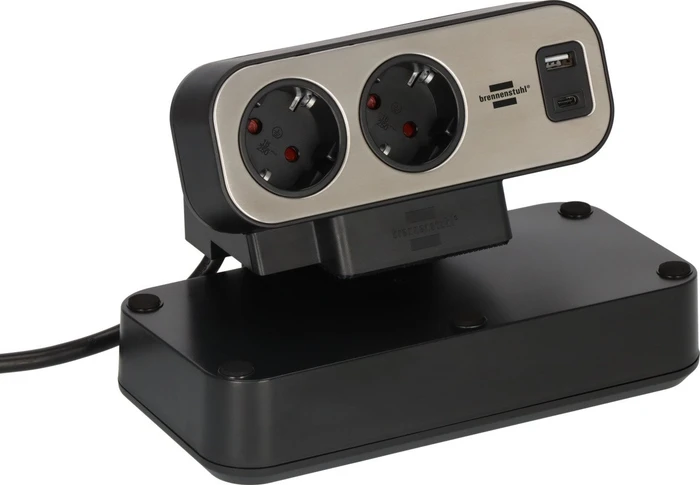 Brennenstuhl estilo Duplex Tischsteckdosenleiste mit Schalter und Überspannungsschutz, 9-fach, 1x USB-A/1x USB-C, 2m, silber/schwarz
