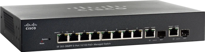 Cisco SF300 Desktop Managed Switch, 8x RJ-45, 2x RJ-45/SFP, 124W PoE+