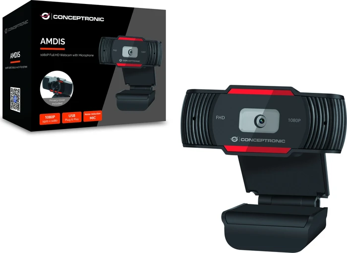 Conceptronic Amdis 1080P Full HD Webcam mit Mikrofon schwarz/rot